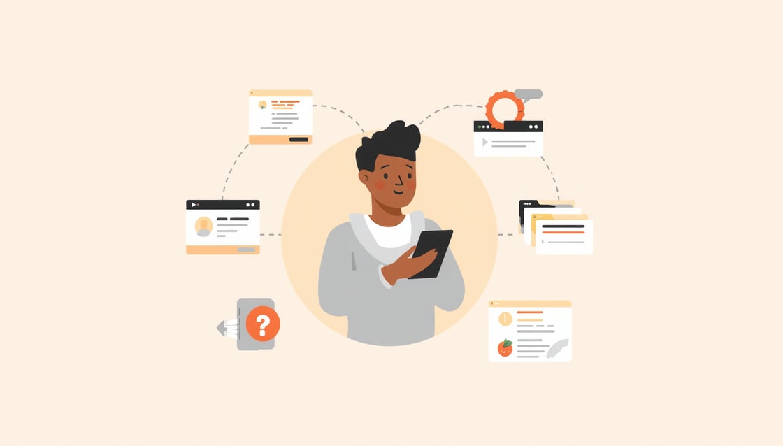 Illustration showing a learner using a mobile device to complete short online learning activities, surrounded by bite sized lessons, quizzes, and progress indicators representing flexible microlearning.