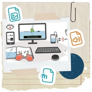 Illustration of a computer showing a video with captions, surrounded by accessibility-themed icons for text settings, audio, documents, and Moodle tools.