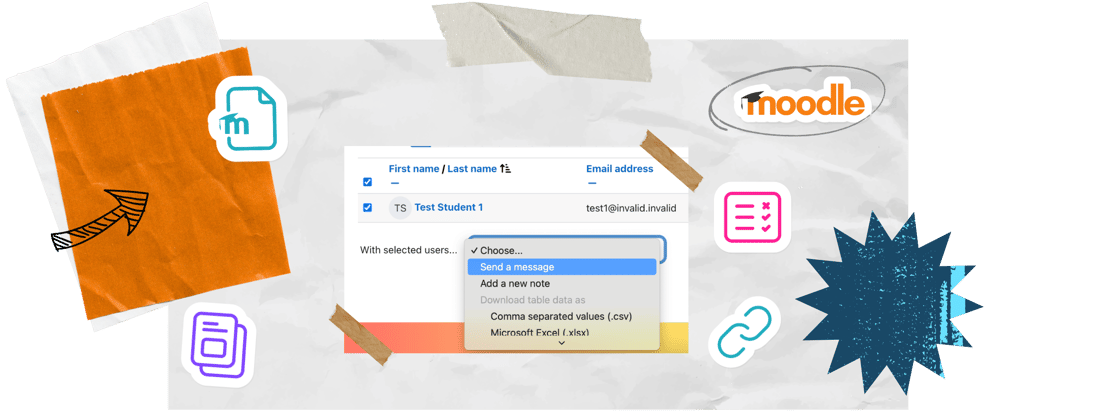Moodle graphic showing a user table with a menu option to send a message, surrounded by Moodle-themed icons and decorative paper elements.
