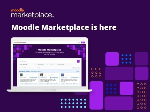 Moodle Marketplace banner announcing “Moodle Marketplace is here”, with a laptop preview of the platform and purple graphic elements.