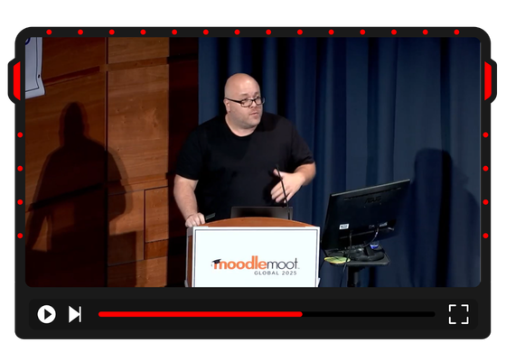 Video player screenshot showing a MoodleMoot Global 2025 speaker presenting at a podium on stage.