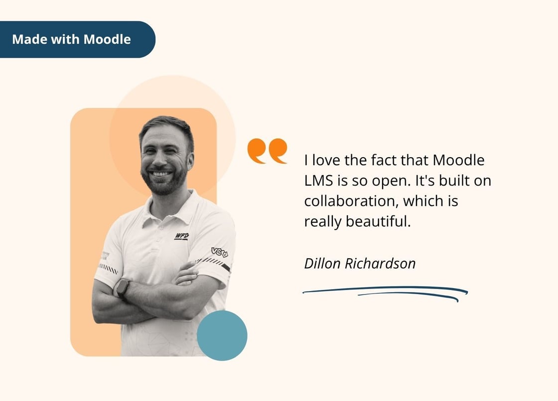 Made with Moodle graphic showing a smiling person beside a quote about Moodle LMS being open and built on collaboration, attributed to Dillon Richardson.