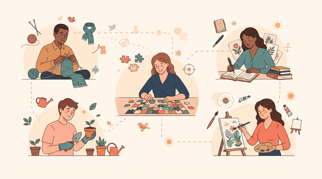 Illustration of people enjoying analogue hobbies, including knitting, gardening, puzzles, journaling, and painting, connected by dotted lines and creative icons.