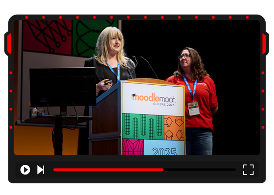 Video player screenshot showing two MoodleMoot Global 2025 speakers presenting together at a podium on stage.